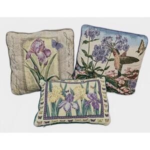 Set of 3 Decorative Tapestry Throw Pillows Floral Iris & Humming Bird Designs